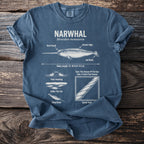 Blue t-shirt with diagram of narwhal and its features including body length.