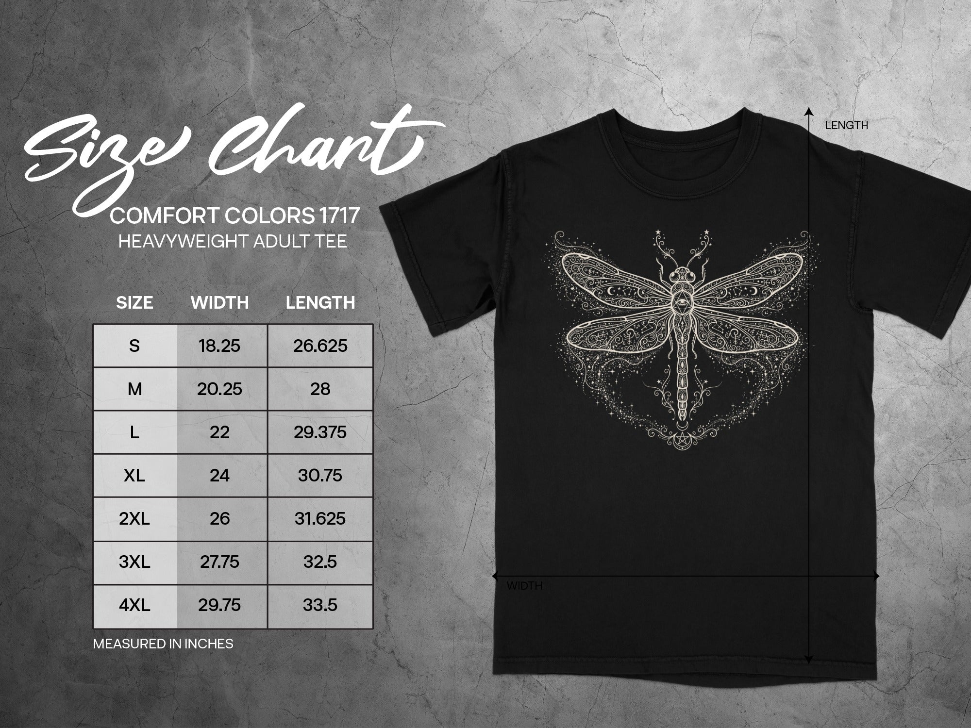 Comfort Colors 1717 heavyweight adult tee size chart with width and length measurements.