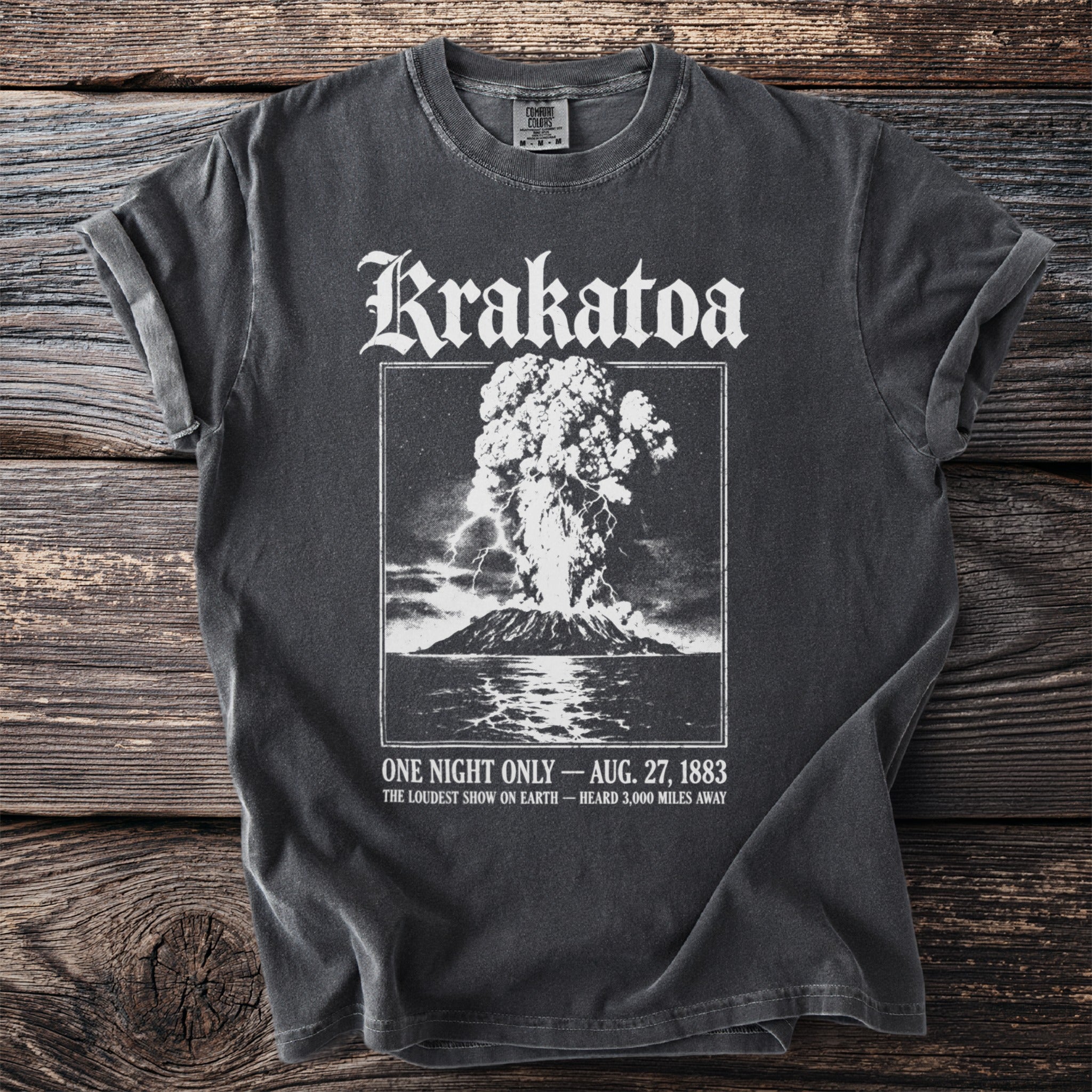 T-shirt with Krakatoa eruption graphic and text about the 1883 event.