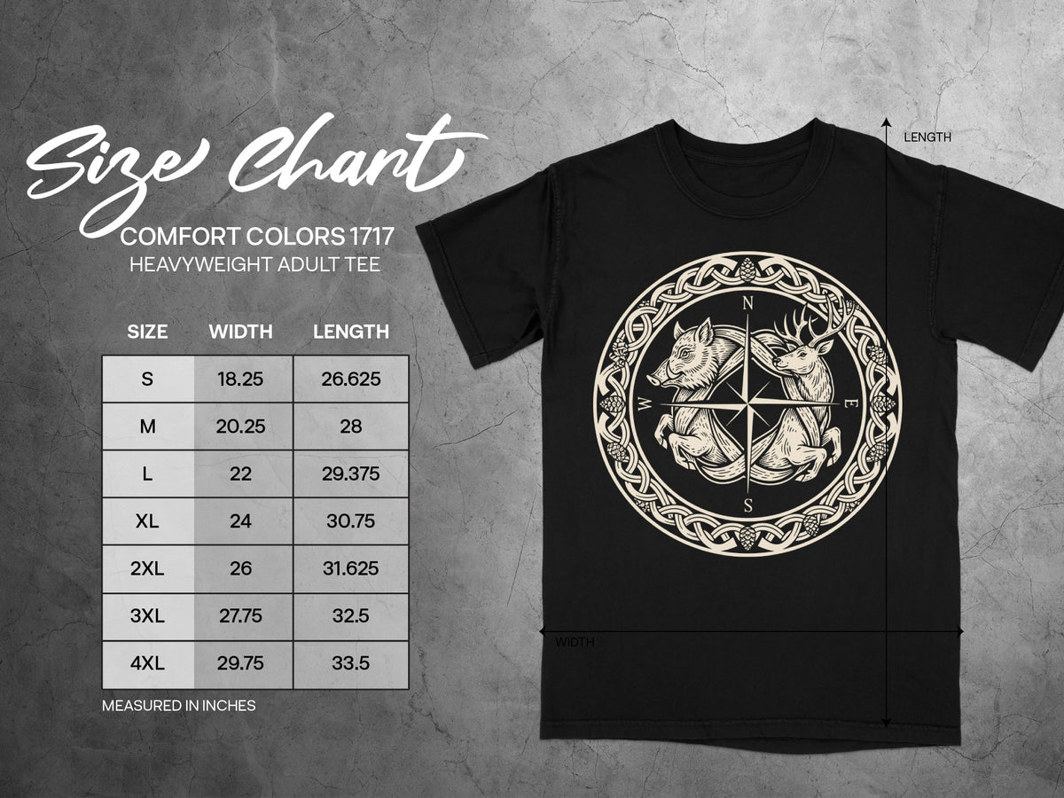 Size chart for Comfort Colors 1717 heavyweight adult tee with measurements in inches.