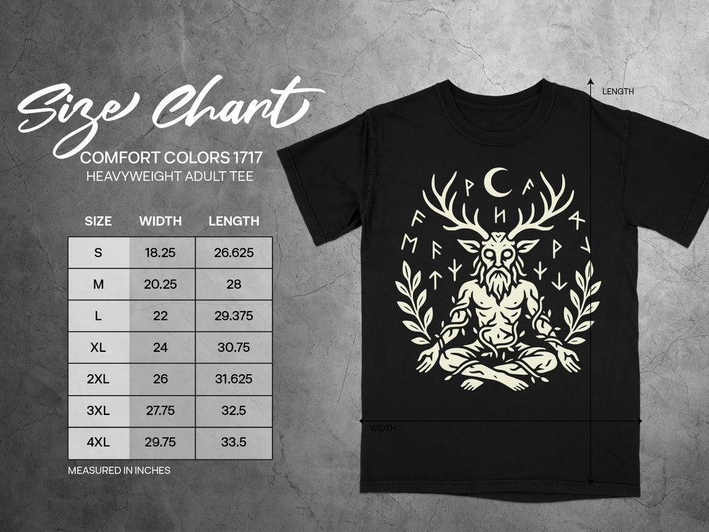 T-shirt size chart for Comfort Colors 1717 heavyweight adult tee with measurements.