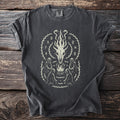 Dark gray t-shirt with a light-cream graphic of a skull, flames, and hooded figures.