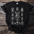 Black t-shirt with an illustration of various detailed beetles in white ink.