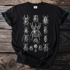 Black t-shirt with an illustration of various detailed beetles in white ink.