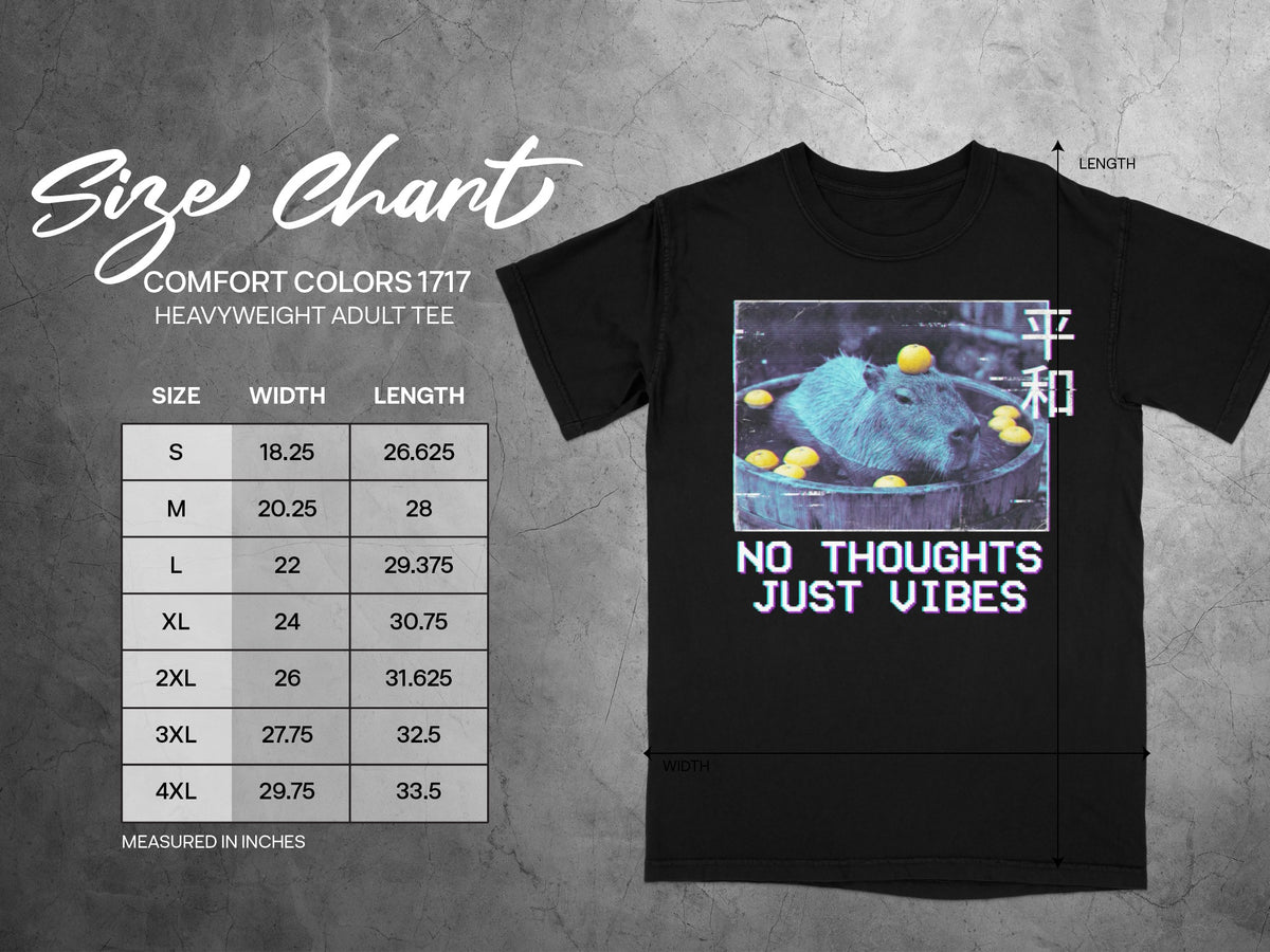 Comfort Colors 1717 heavyweight adult tee size chart with the No Thoughts Just Vibes capybara graphic.