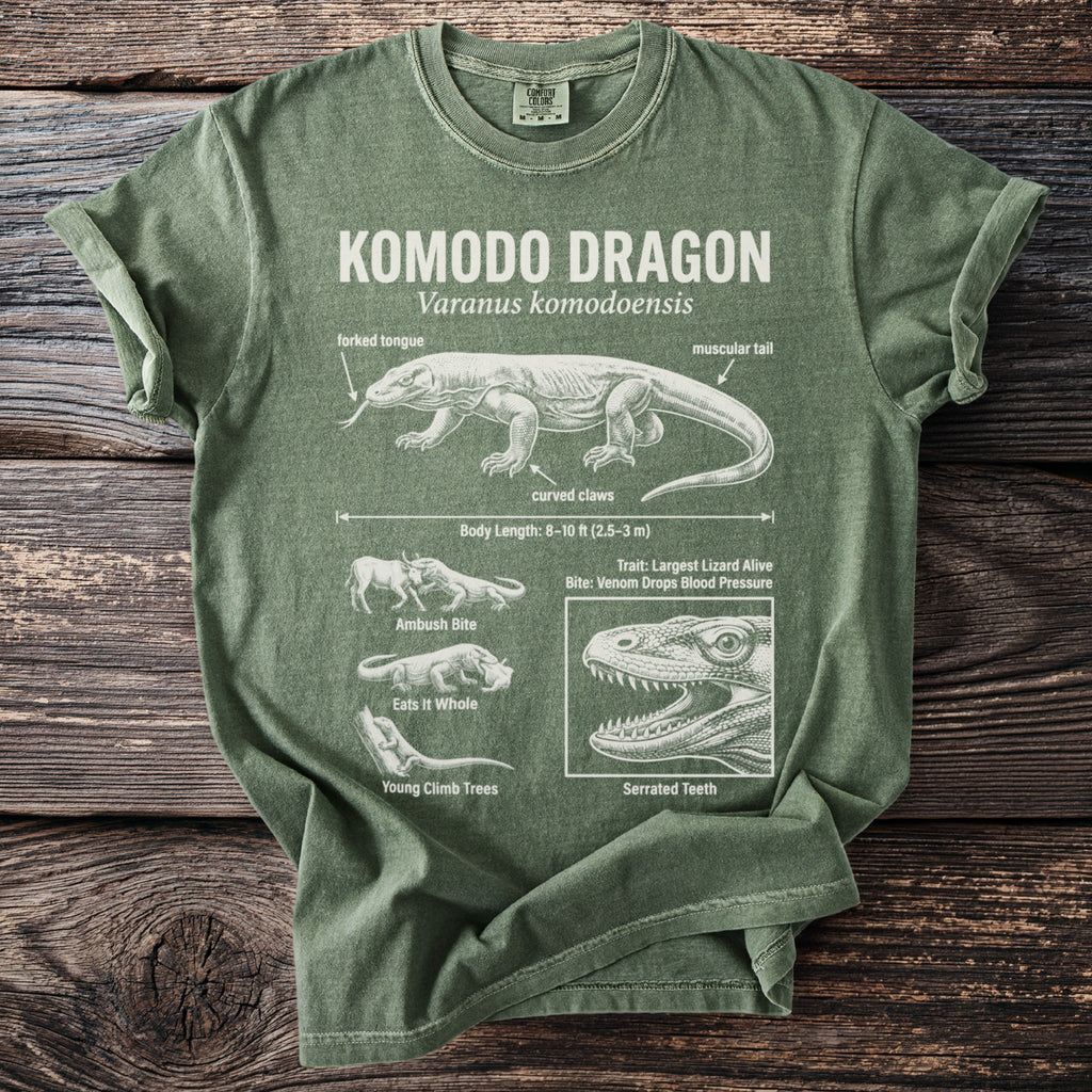 Komodo dragon informational graphic on a green t-shirt with scientific details.