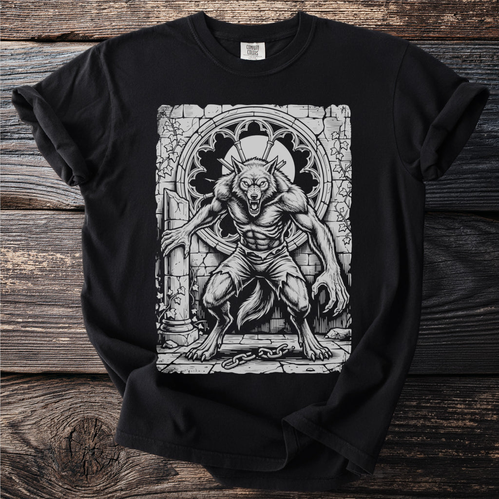 Black t-shirt featuring a monochrome illustration of a werewolf in front of a gothic window.