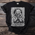 Black t-shirt featuring a monochrome illustration of a werewolf in front of a gothic window.