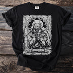 Black t-shirt featuring a monochrome illustration of a werewolf in front of a gothic window.