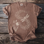 Brown t-shirt with white dragonfly and dandelion graphic print.