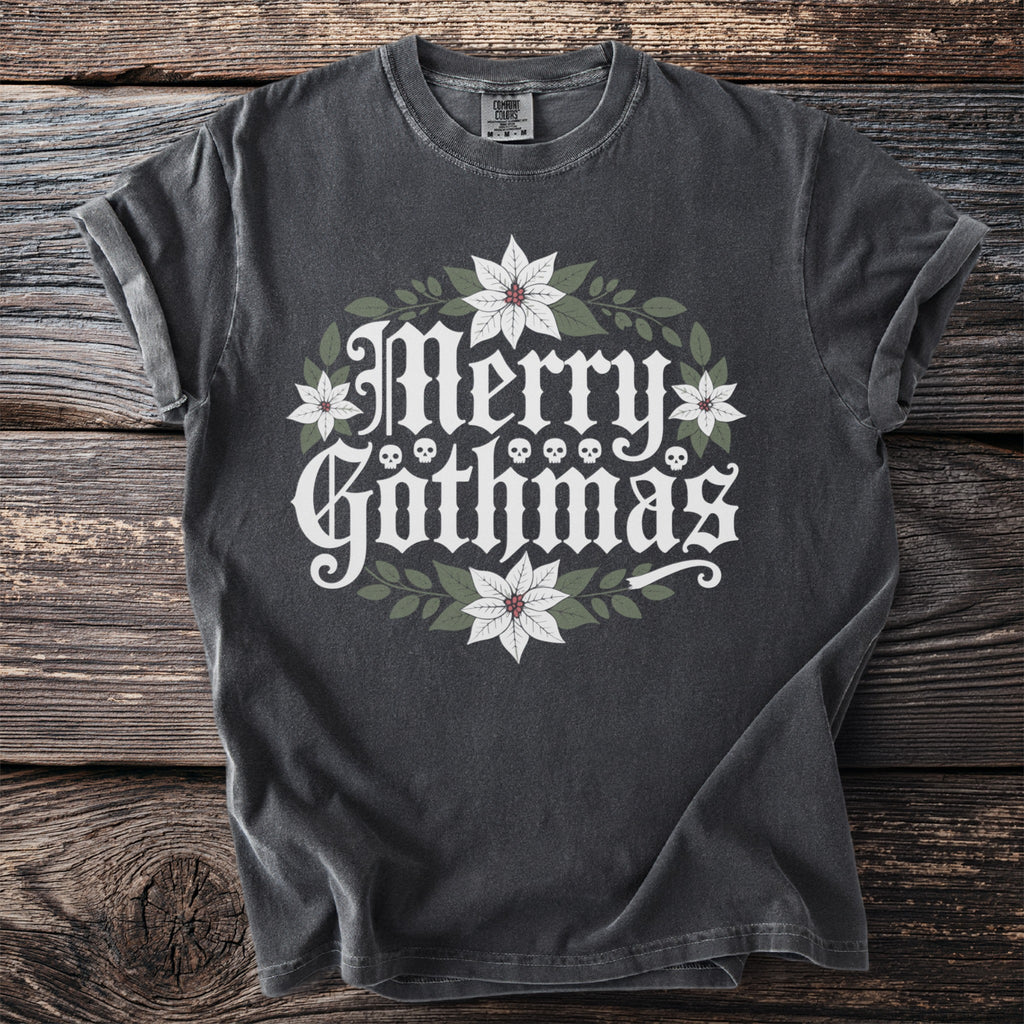 Dark gray t-shirt with "Merry Gothmas" text, skulls, and poinsettias.