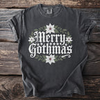Dark gray t-shirt with "Merry Gothmas" text, skulls, and poinsettias.