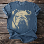 Blue t-shirt with a tan bulldog graphic and a spiked collar.