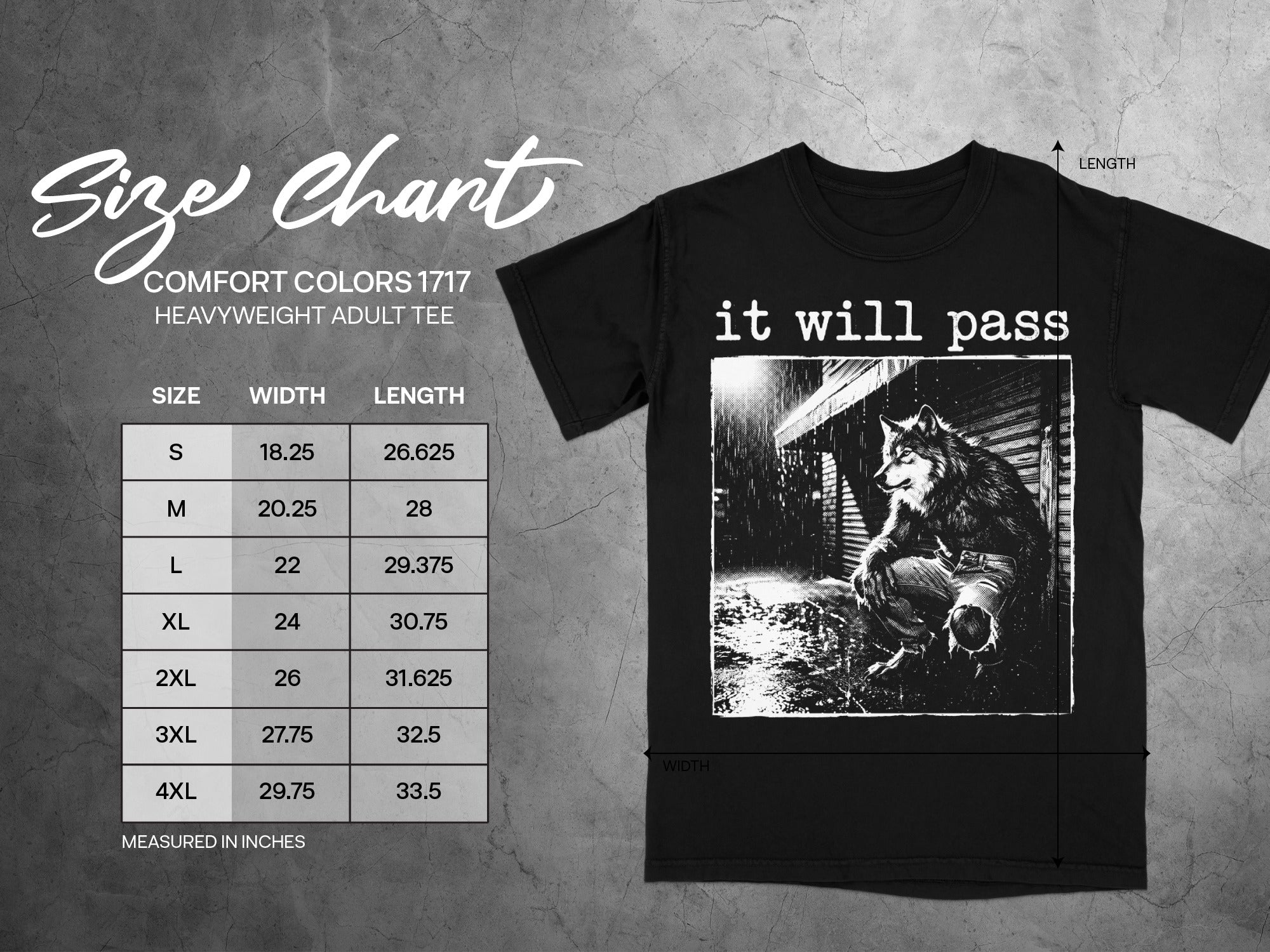 Black t-shirt with wolf graphic, "it will pass" text, and size chart.