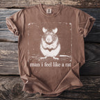 Brown t-shirt with a distressed print of a rat and the text "man i feel like a rat".