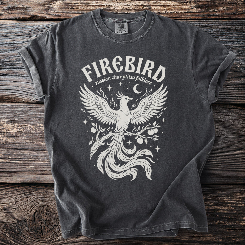 Dark grey t-shirt with white Firebird graphic and text "russian zhar ptitsa folklore".