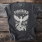 Dark grey t-shirt with white Firebird graphic and text "russian zhar ptitsa folklore".