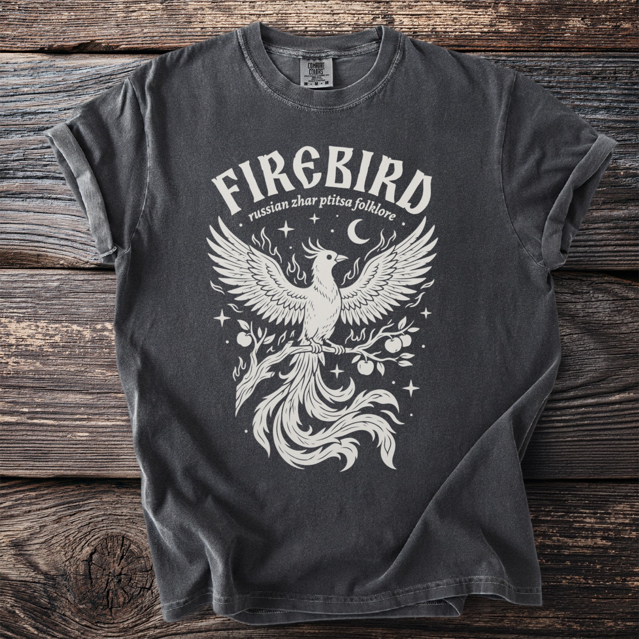 Dark grey t-shirt with white Firebird graphic and text "russian zhar ptitsa folklore".