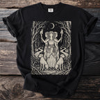 Black t-shirt with a woodblock print of three witches holding torches with dogs and keys.
