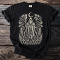 Black t-shirt with a woodland wizard, owl, moon, and mystical symbols.