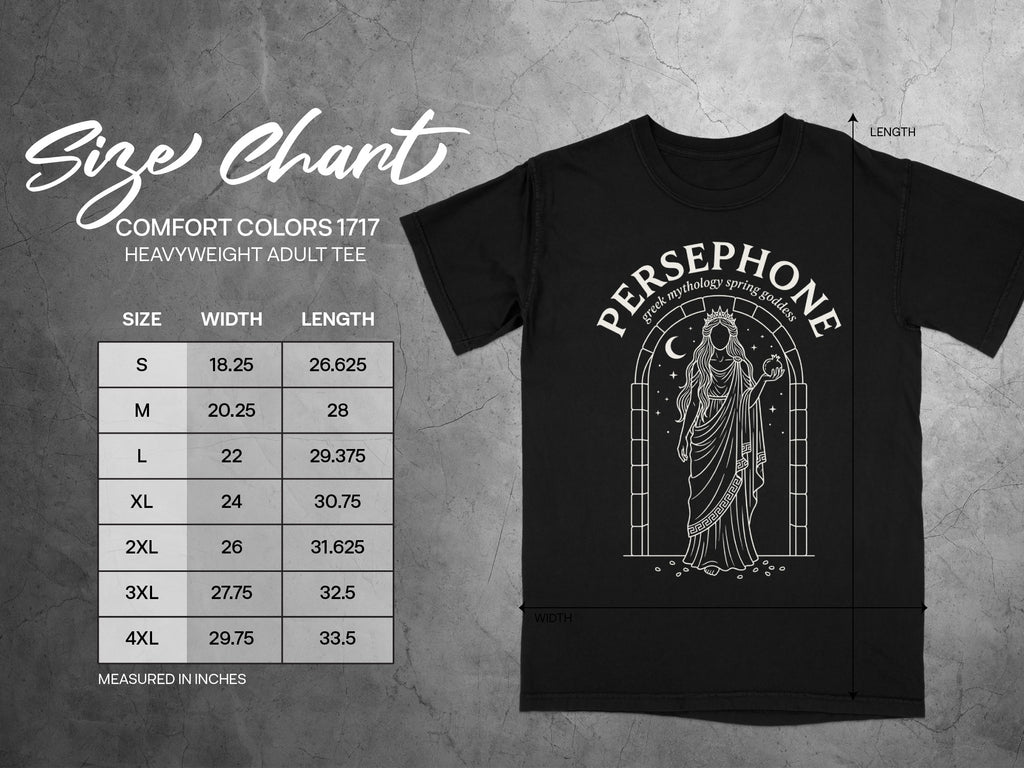 Comfort Colors 1717 heavyweight adult tee size chart with Persephone graphic.
