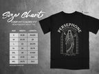 Comfort Colors 1717 heavyweight adult tee size chart with Persephone graphic.