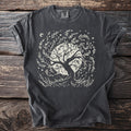 Dark gray t-shirt with a cream graphic of a black cat in a witch hat, full moon, bats, and curling smoke.