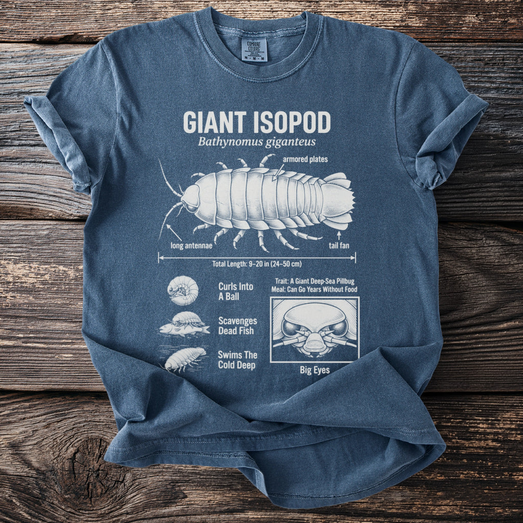 T-shirt with a white graphic detailing a giant isopod, its anatomy and traits.