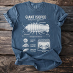 T-shirt with a white graphic detailing a giant isopod, its anatomy and traits.