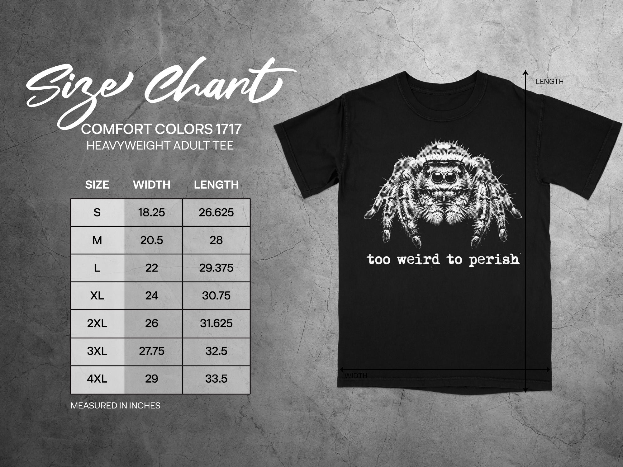 Black t-shirt with spider graphic and "too weird to perish" text, with a size chart on the left.
