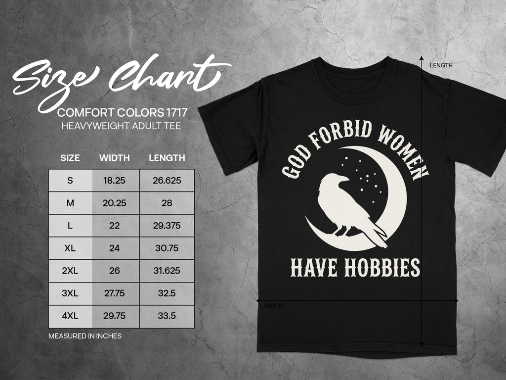 Comfort Colors 1717 heavyweight tee size chart with graphic of raven and text.