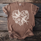Brown t-shirt with white heart design featuring two swallows and roses.