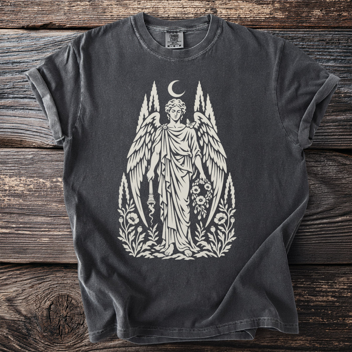 Dark grey t-shirt with a cream-colored graphic of a winged figure holding a torch and flowers.