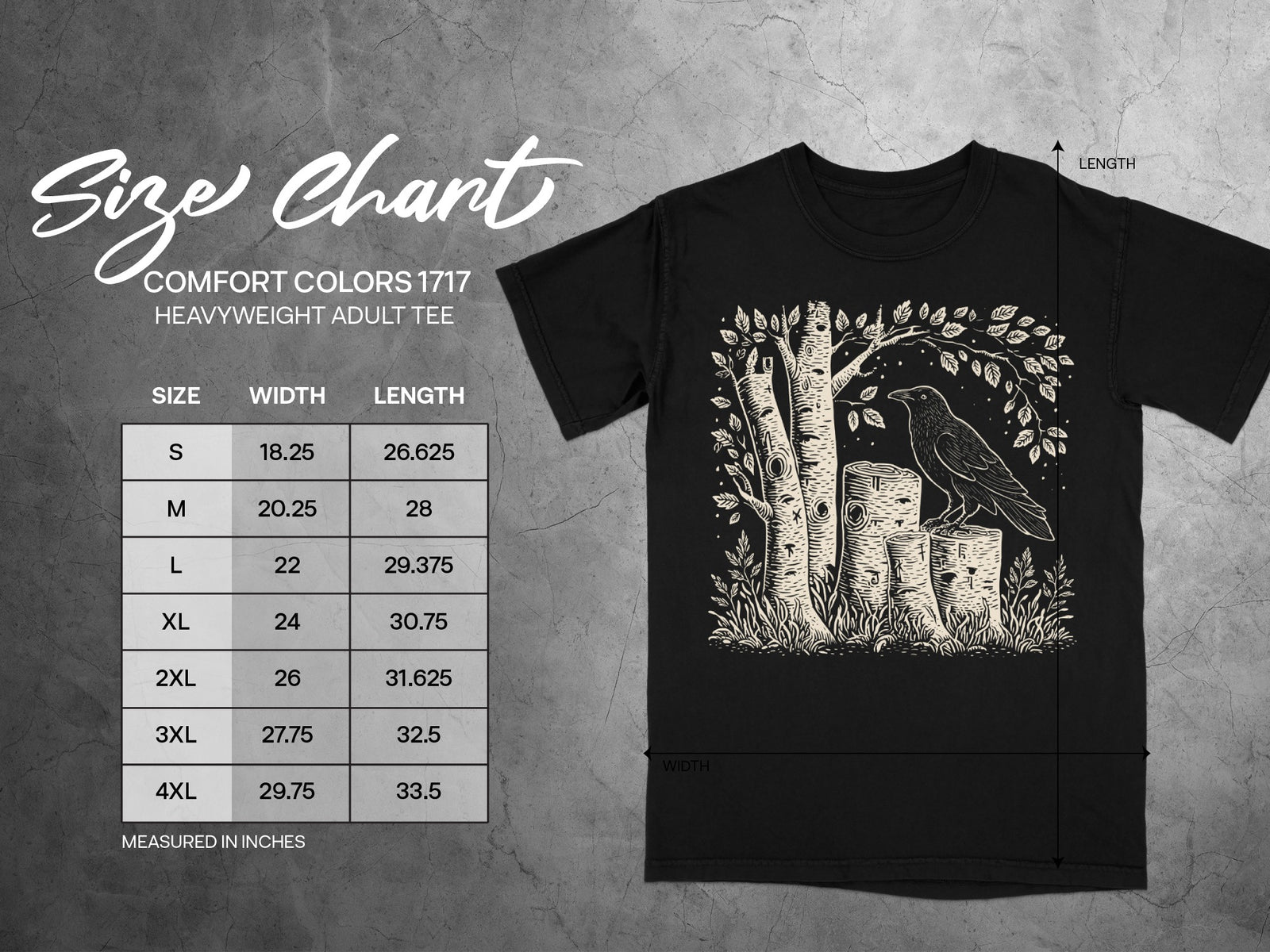 Comfort Colors 1717 size chart for heavyweight adult tee with raven graphic.