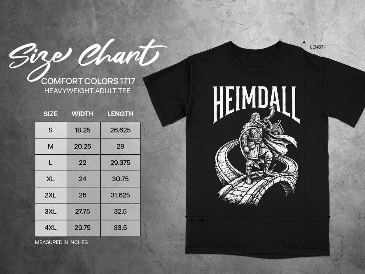 Black t-shirt size chart with "Heimdall" graphic and measurements in inches.