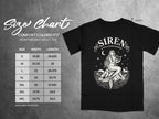 Comfort Colors 1717 heavyweight adult tee size chart with siren graphic.