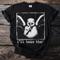 Black t-shirt with front print of a surprised seagull holding a cigarette and text "i'll take tha' ".