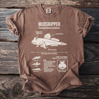 Brown t-shirt with Mudskipper illustration and biological facts.