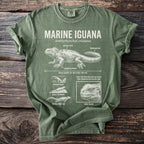 Green t-shirt featuring a detailed illustration of a marine iguana with labels and facts.