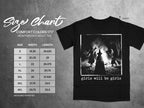 Size chart and t-shirt with retro graphic of witches around a fire, reading "girls will be girls".