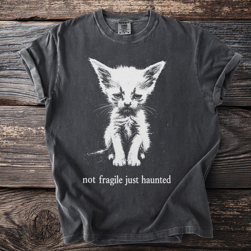 Dark gray t-shirt with white distressed print of a sad cat and "not fragile just haunted".
