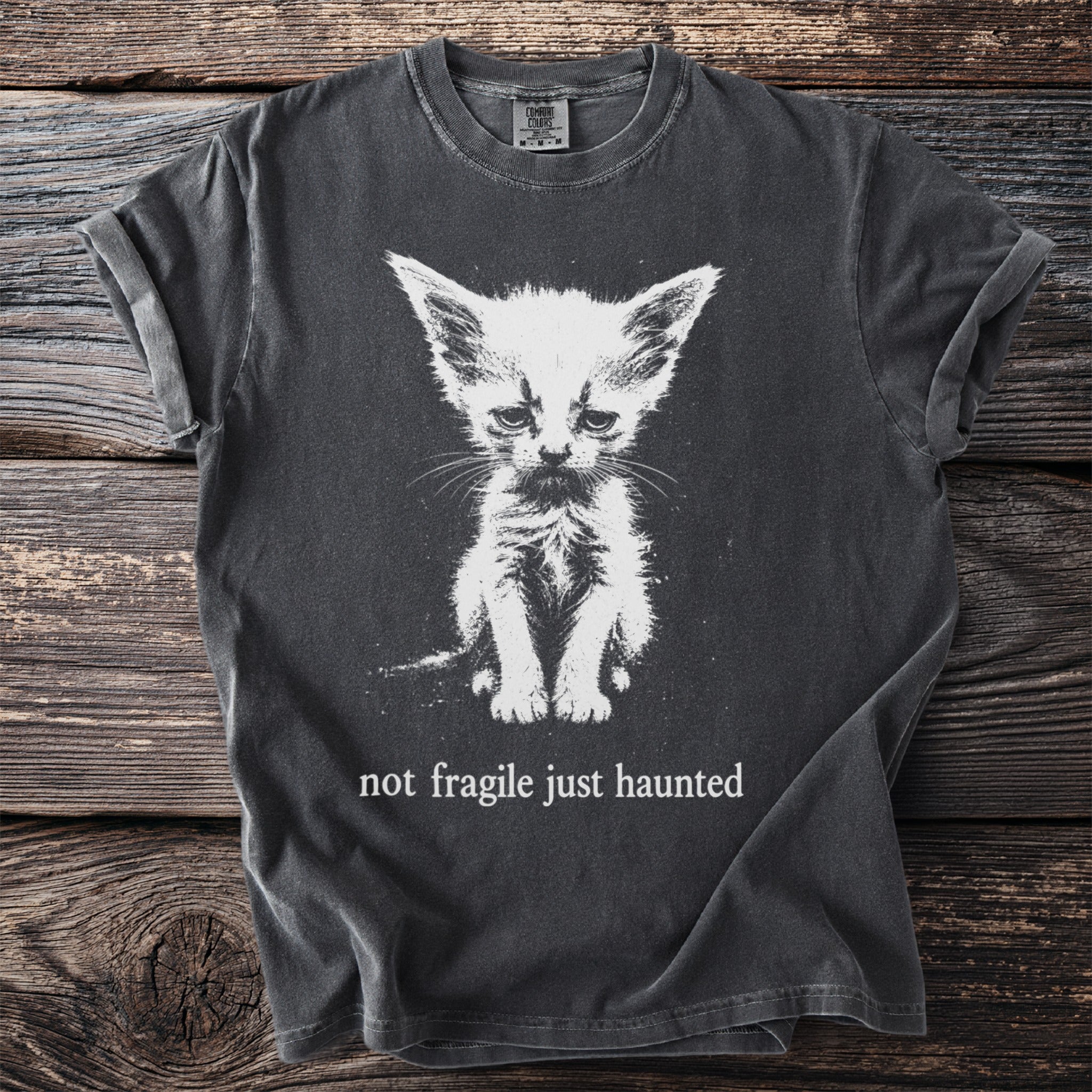 Dark gray t-shirt with white distressed print of a sad cat and "not fragile just haunted".