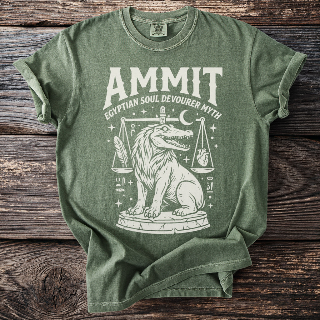 Green t-shirt with "Ammit Egyptian Soul Devourer Myth" graphic of Ammit on scales.