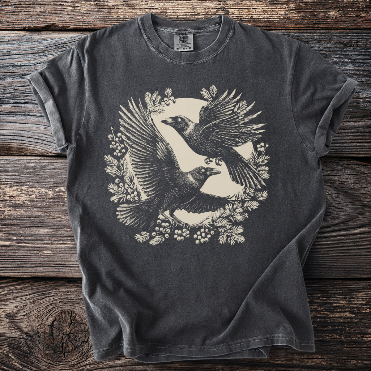 Pepper t-shirt with three cedar waxwings crossing a winterberry wreath.