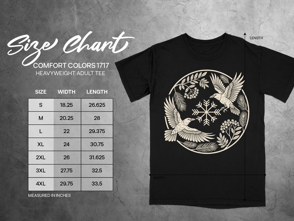 Comfort Colors 1717 size chart for heavyweight adult tee with width and length measurements.