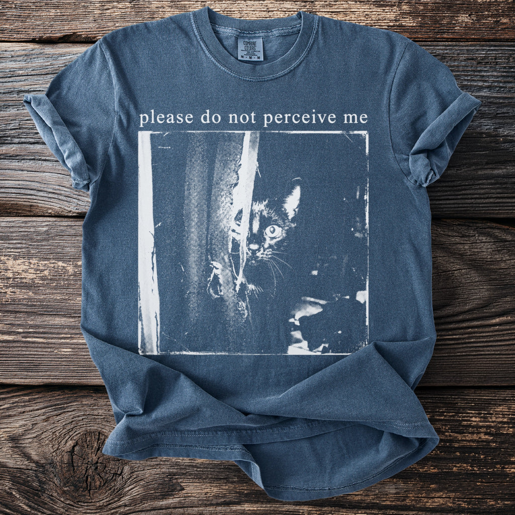Blue t-shirt with a graphic of a black cat peeking from behind a torn fabric with text "please do not perceive me".