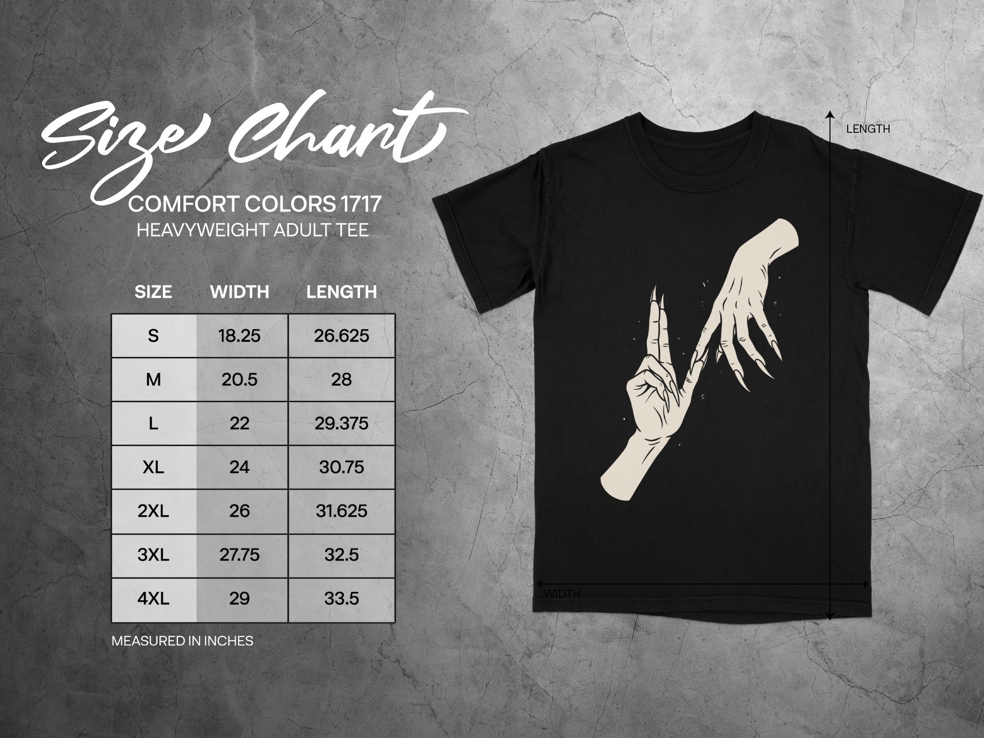 Comfort Colors 1717 heavyweight adult tee size chart in inches shown with a black t-shirt.