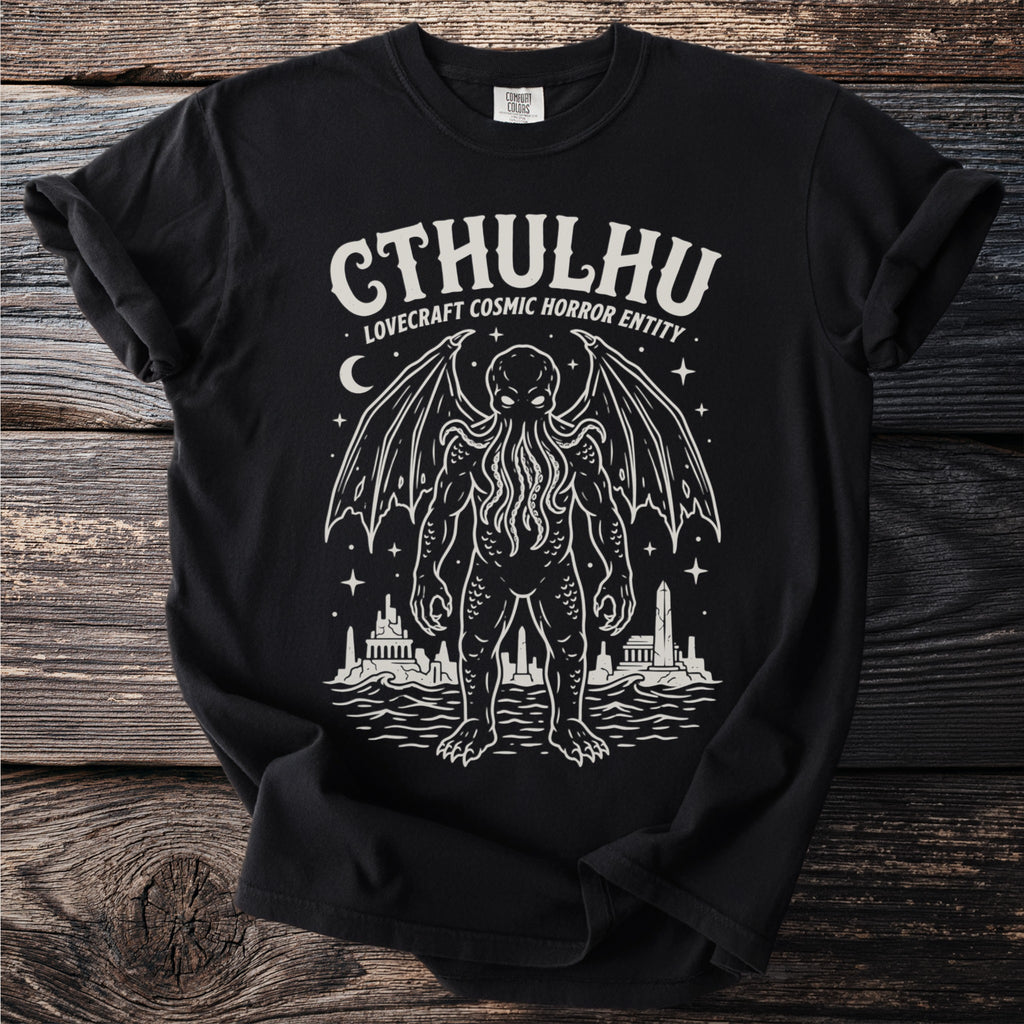 Black t-shirt featuring a white line drawing of Cthulhu with text.