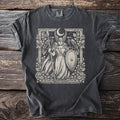 Dark grey t-shirt with a light-colored graphic of a warrior woman with ravens and a moon.