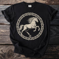 Black t-shirt with a beige horse design inside a thorn crown circle.